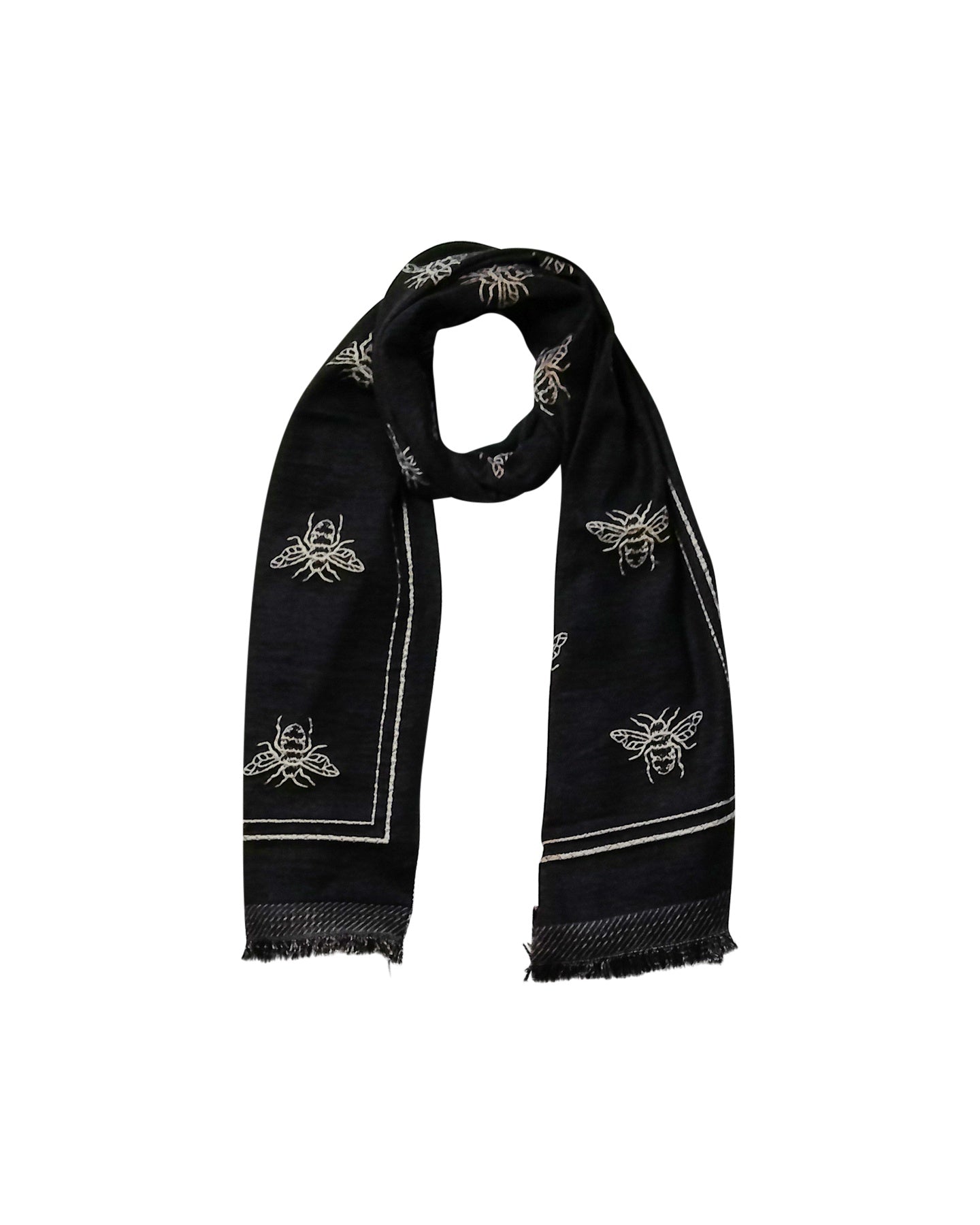 Reversible Black Embroidered Bee Motif Scarf