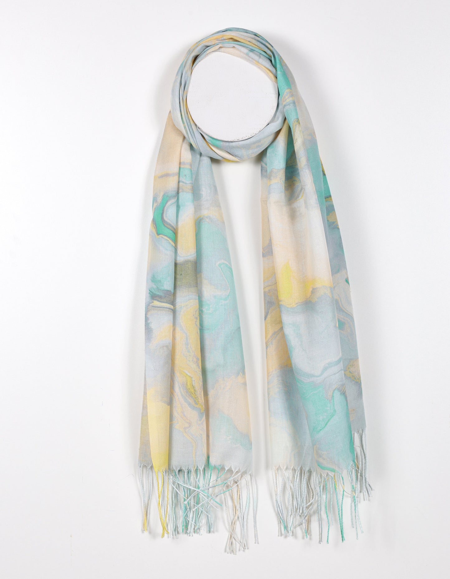 Green - Watercolor Print Scarf with Fringed Ends