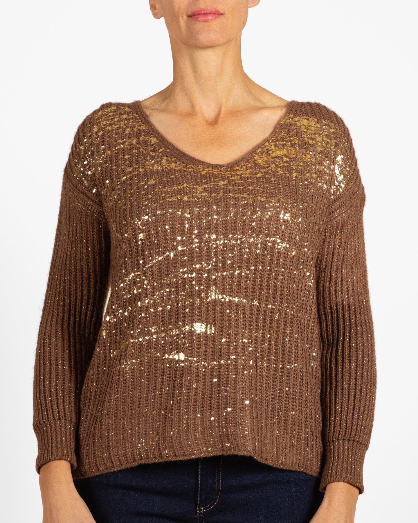 Espresso V Neck Drop Shoulder Gold Foil Splash Front Sweater