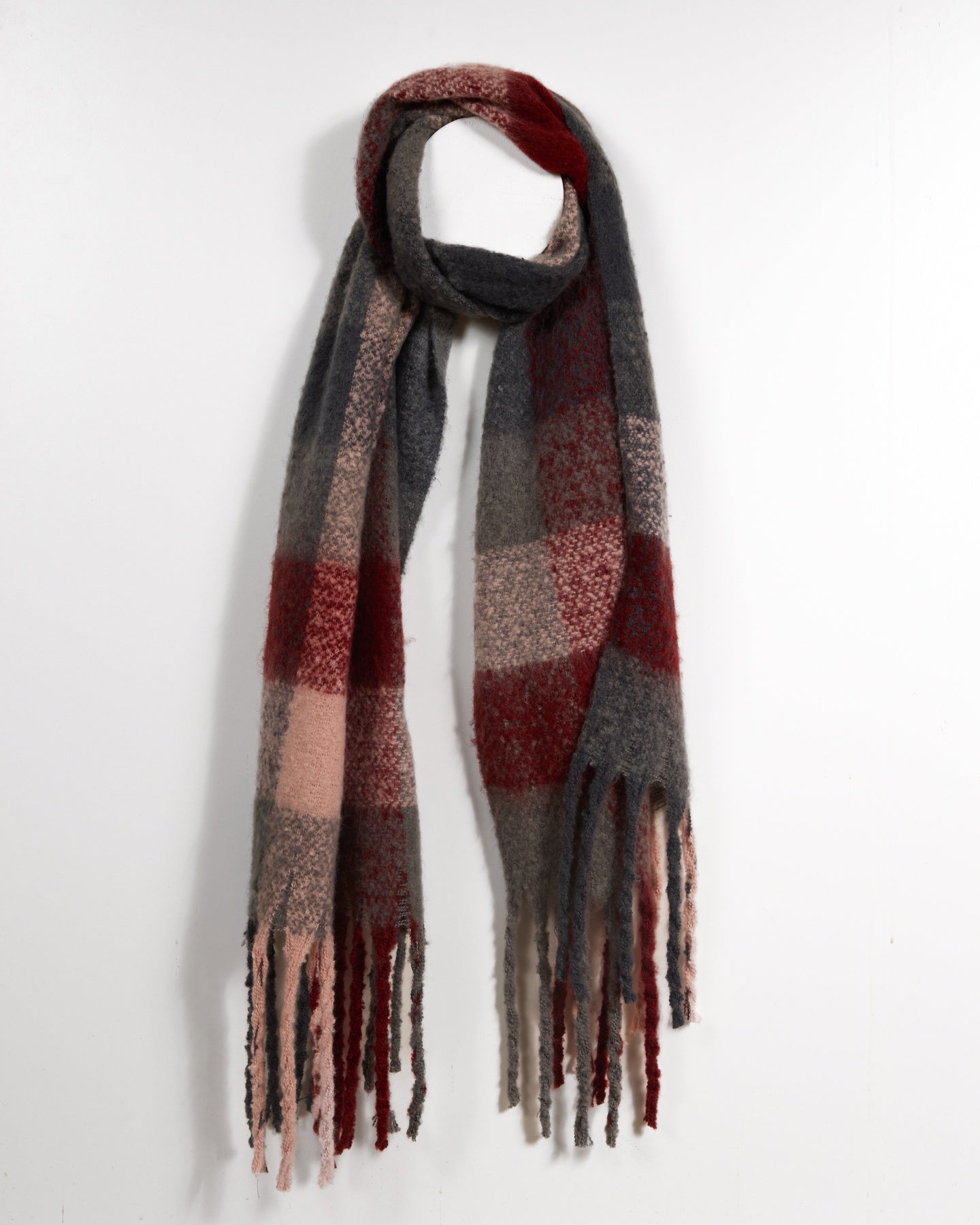 Grey Combo Scarf with Intricate Soft Grey and Wine Plaid