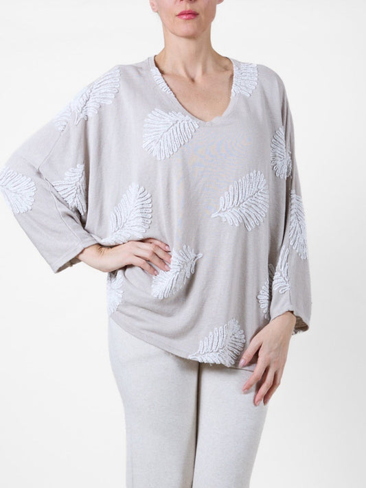 Beige Scoop Neck Long Sleeve Embossed Leaf Top