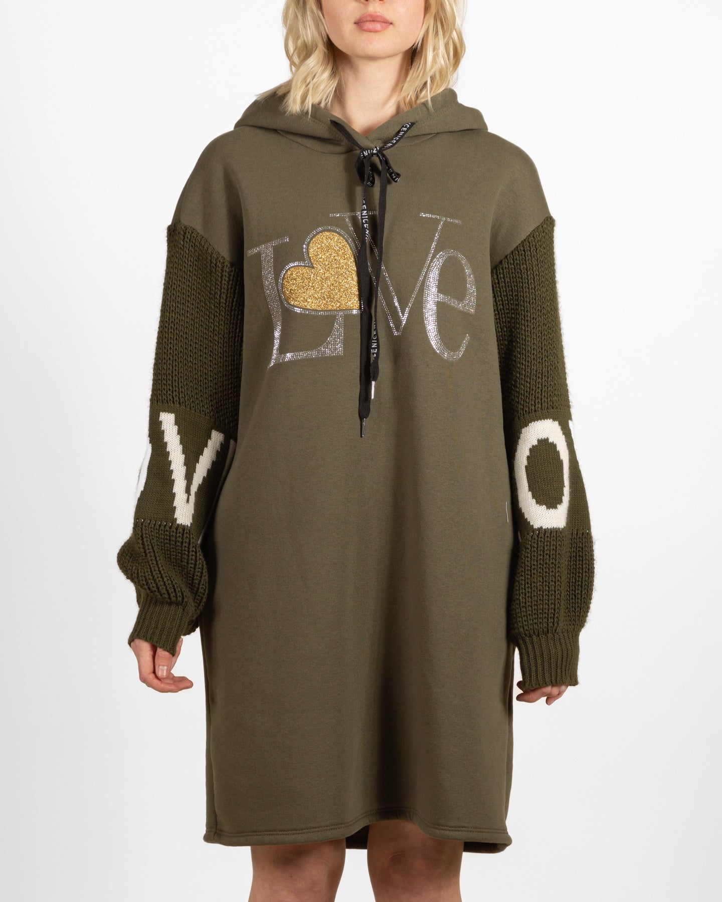 Army Reverse Fleece Hooded Drawstring Rhinestone Love Knit Sleeve Dress