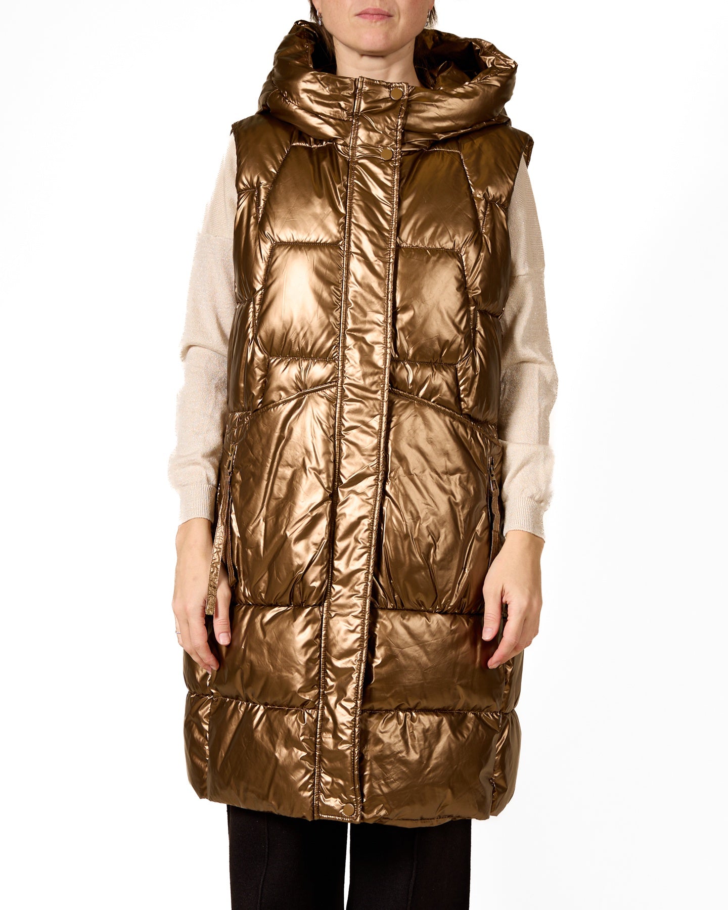 Bronze Hooded Metallic Vest with Oversized Zipper Pockets