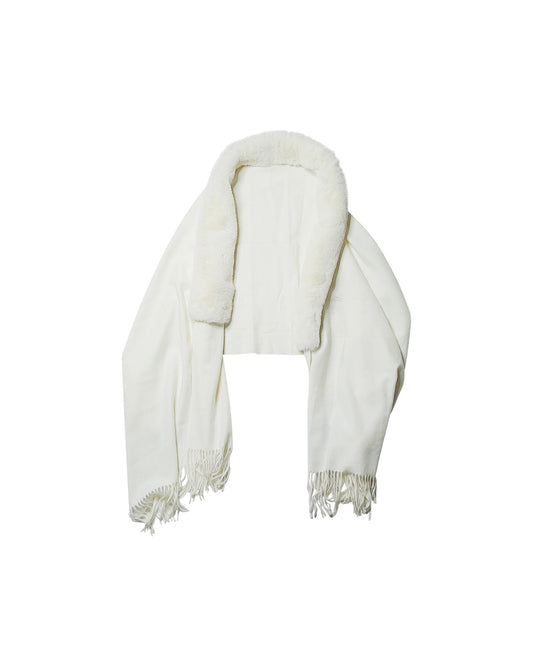 Luxurious Cream Faux Fur Trimmed Scarf with Fringe