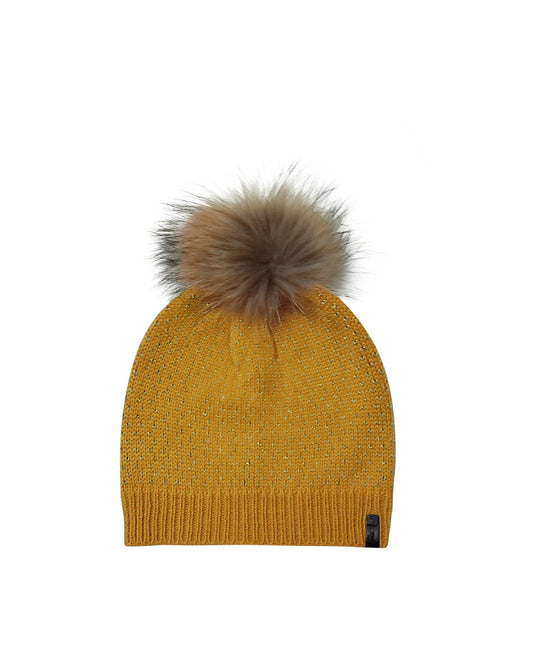 Mustard Beanie with Gold Detailing and Pom-Pom