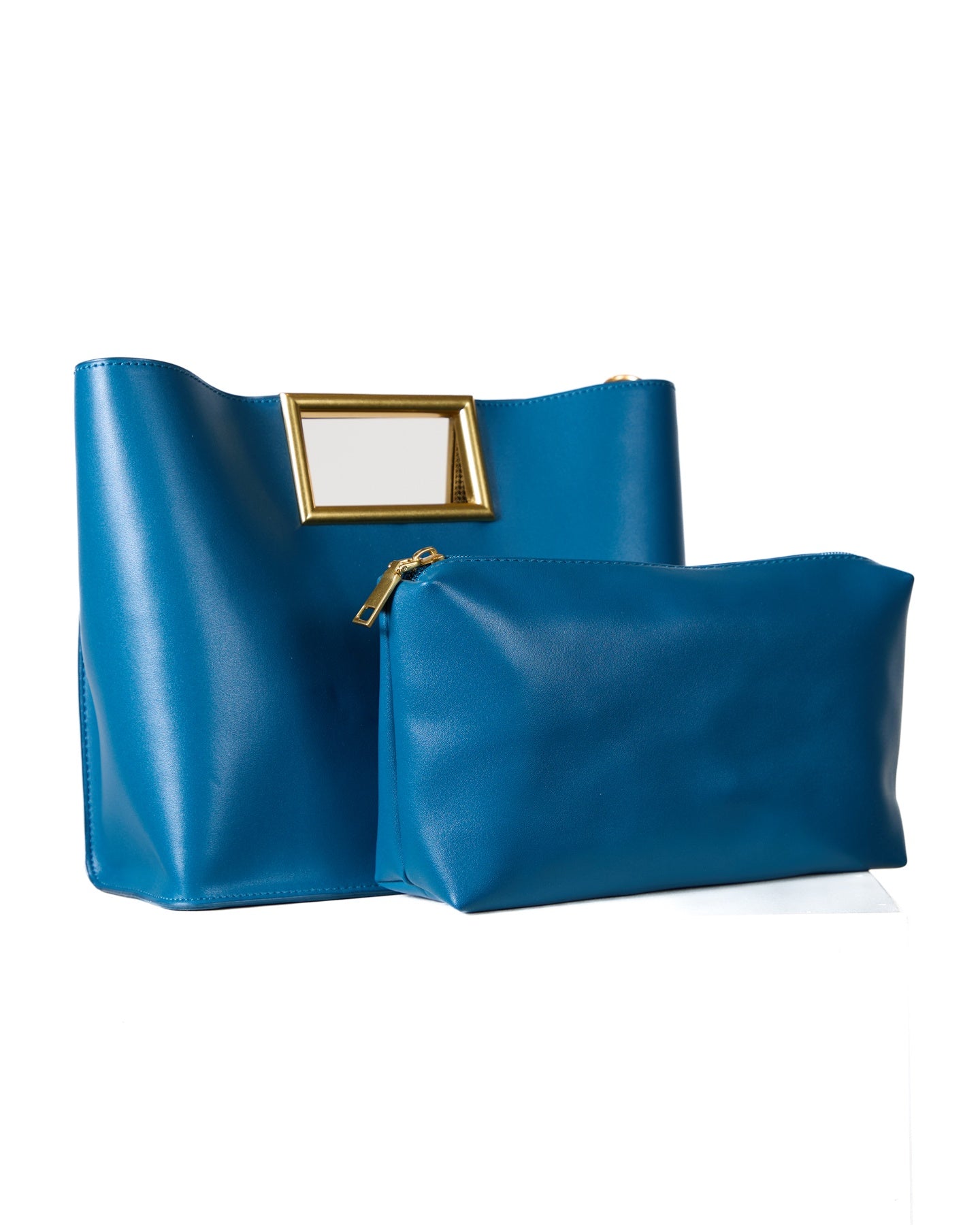 Blue Leather Bag with Gold Handle and Removable Straps