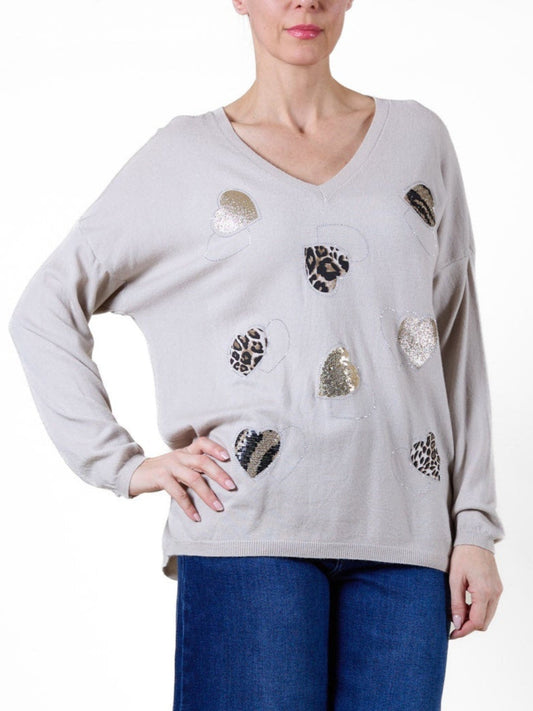 Beige V Neck Multi Lurex Heart Long Sleeve
