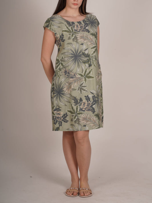 Palm Tropical Print Dress with Cap Sleeves