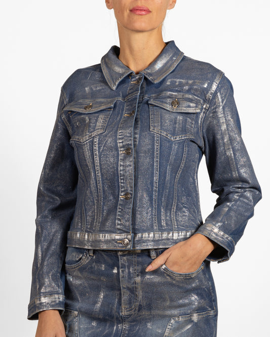 Silver Button Rivet 2 Pkt Multi Seam Foil Front Denim Jacket