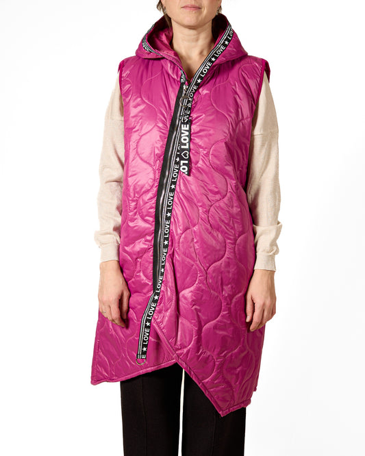 Magenta Zip Front Puff Hooded "LIFE IS BEAUTIFUL" Trim Vest