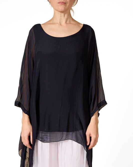 Midnight Boat Neck Drop Shoulder Silk Combo W/Lining Blouse