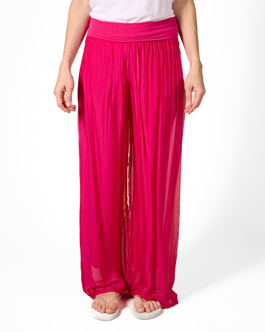 Cherry Pull On Wide Band Silk Combo Lined Pants