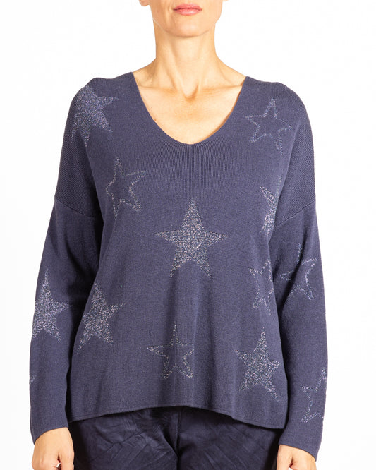 Midnight V NeckDrop Shoulder Allover Lurex Stars Pullover