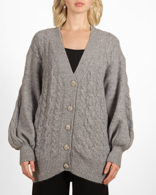 Grey Drop Shoulder Cable Knit Rhinestone Button Cardigan