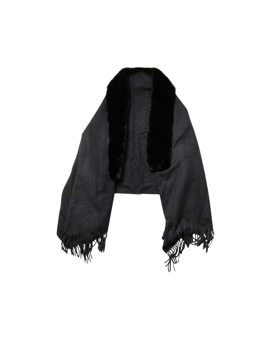 Luxurious Black Faux Fur Trimmed Scarf with Fringe