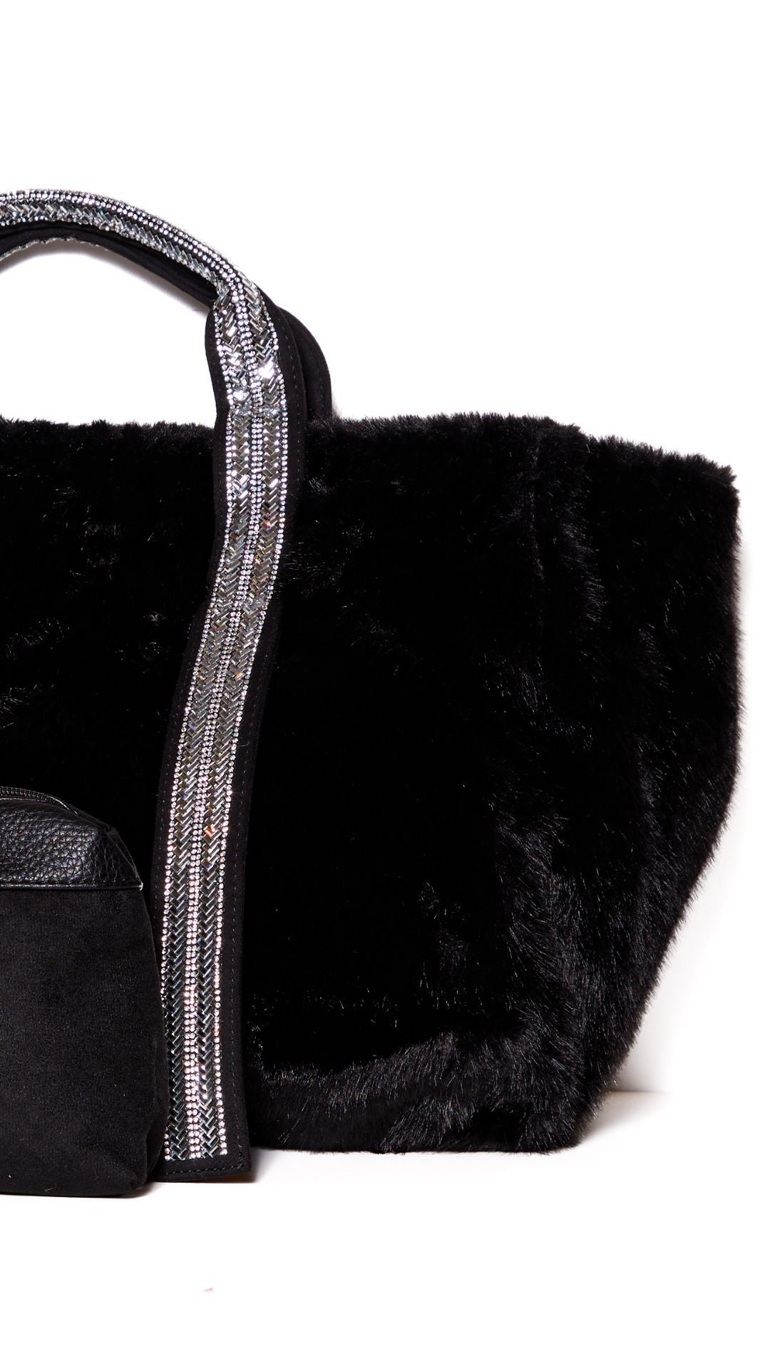 Black Oversized Faux Fur Tote Bag with Sequin Straps & Matching Pouch