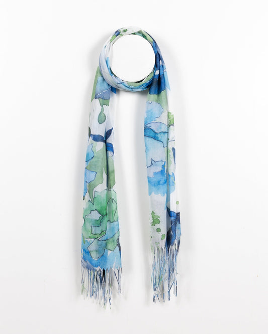 Écharpe semi-transparente à motif floral aquarelle - Tons bleus et verts