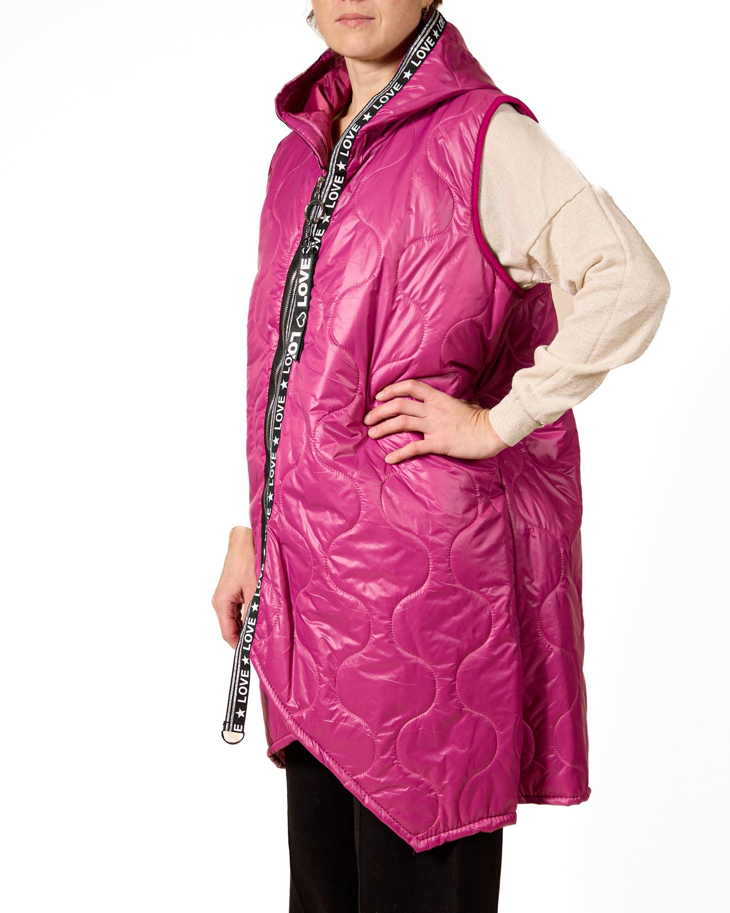 Magenta Zip Front Puff Hooded "LIFE IS BEAUTIFUL" Trim Vest