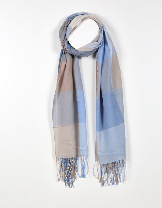Blue - Large Plaid Print Scarf with Fringed Ends