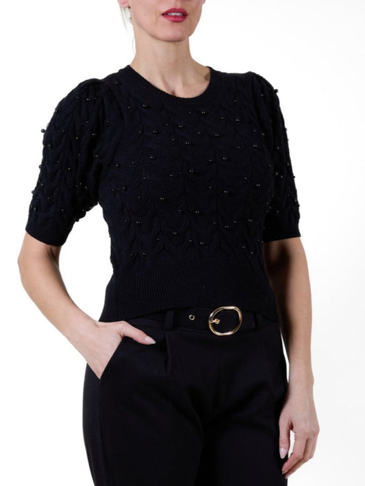 Black Elbow Sleeve Allover Beaded Sweater