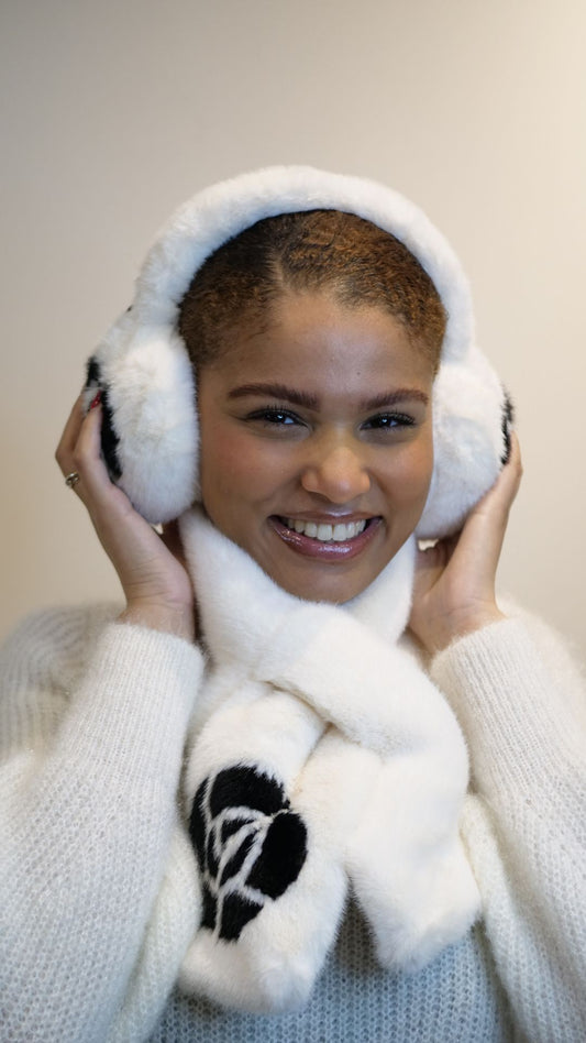 White Fuzzy Earmuffs with Rose Design