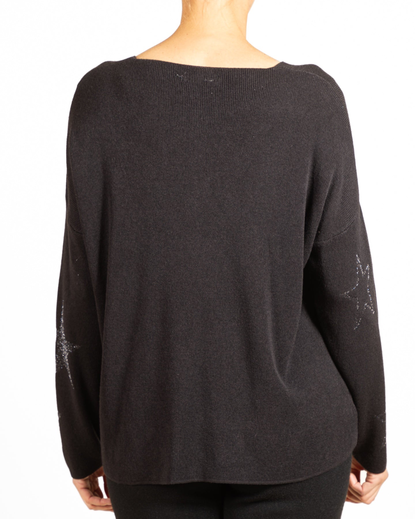 Black V NeckDrop Shoulder Allover Lurex Stars Pullover