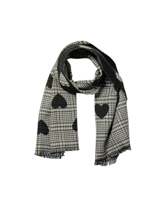 Reversible Heart-Patterned Plaid Scarf in Beige and Black