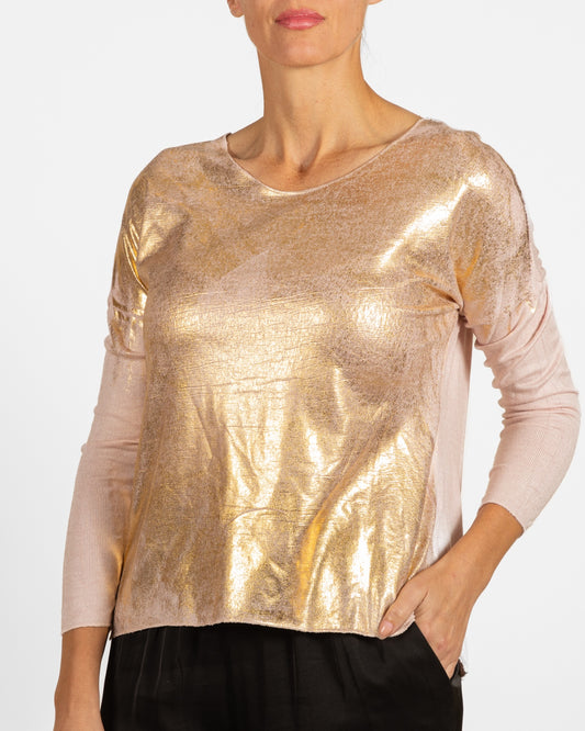 Rose Scoop Neck Drop Shoulder Foil Effect Pullover