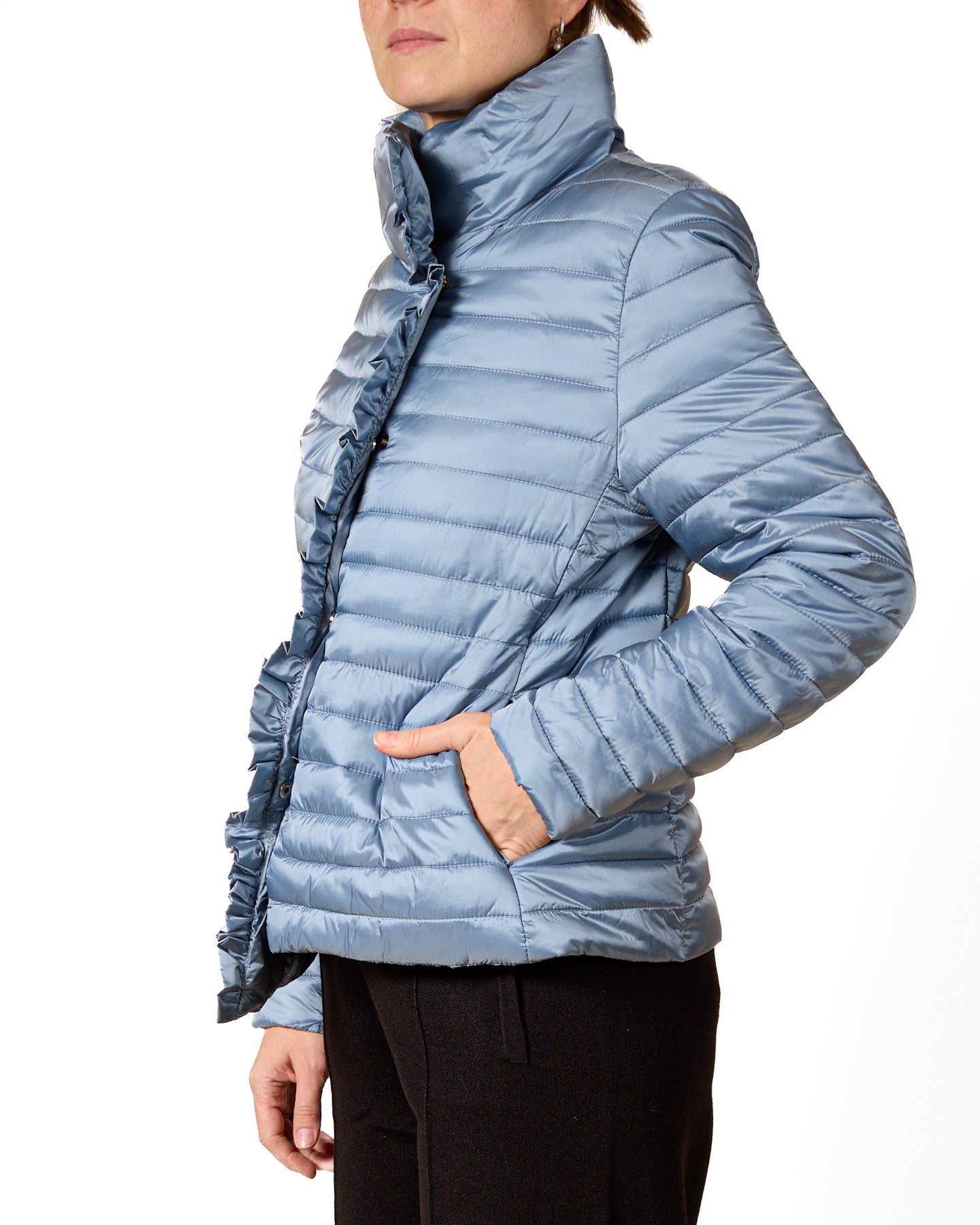 Sky Blue Asymmetrical Zip Quilted Jacket with Ruffle Accents