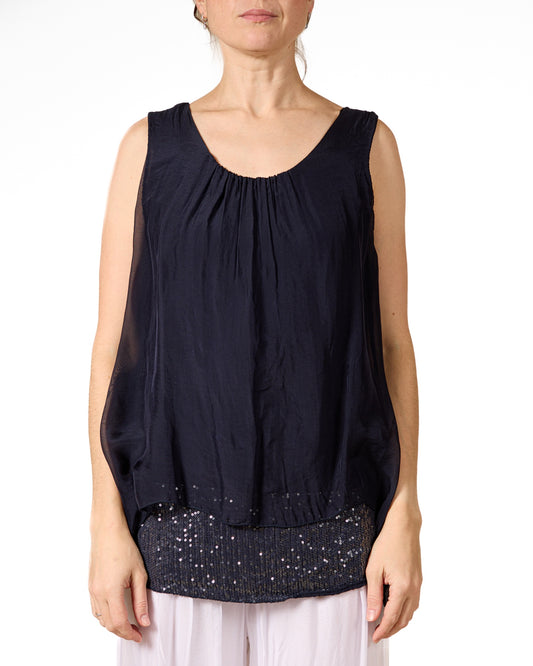 Midnight Sleeveless Sequin Band Combo Silk Overlay Camisole