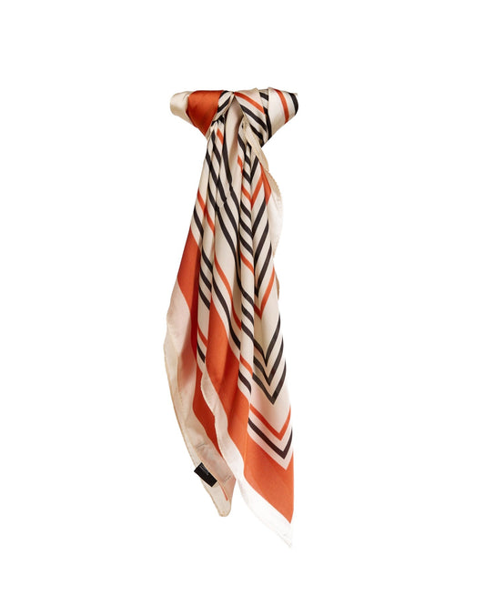 Silk Decorative Square Scarf with Bold Red Stripes and Dynamic Geometric Pattern
