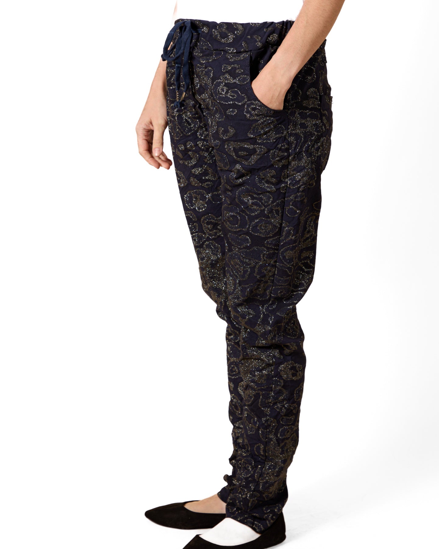 Sapphire Pull on Drawstring 4 Pocket Lurex Leopard Pant