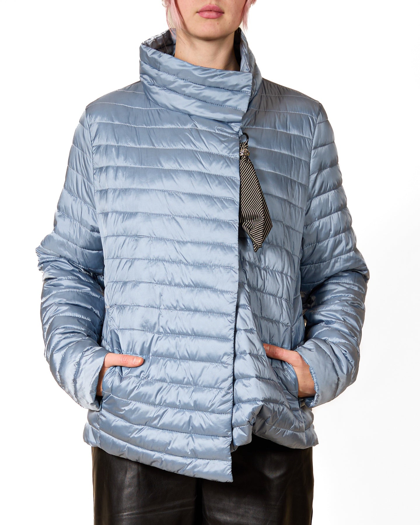 Blue Perennial Quilted Button-Down Jacket with Tie Accent