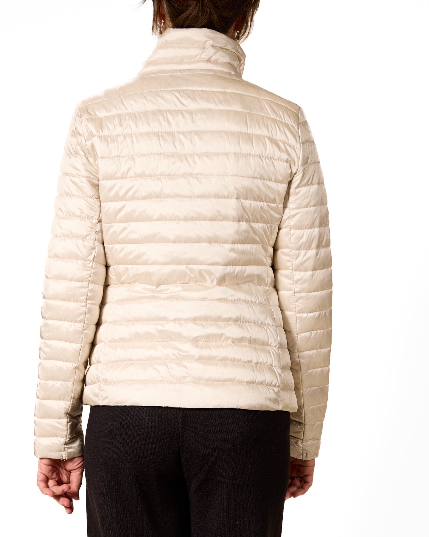 Champagne Quilted Button-Down Jacket with Tie Accent