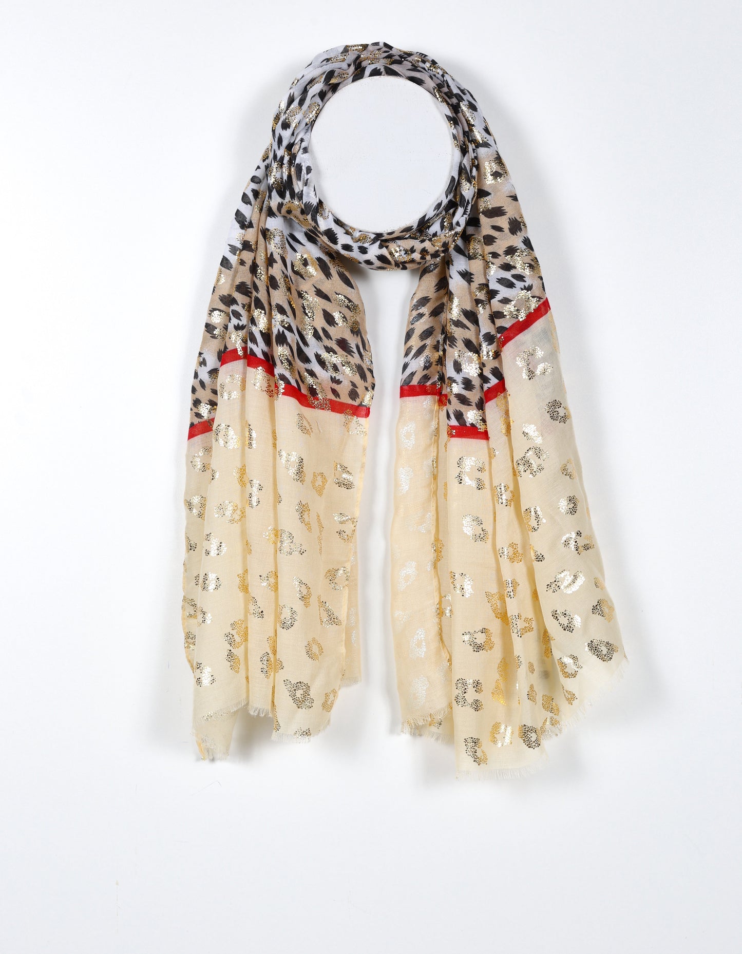 Lightweight Cheetah Print Scarf with Gold Accents in Camel