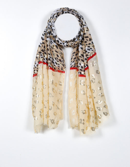 Lightweight Cheetah Print Scarf with Gold Accents in Camel