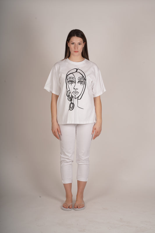White Rhinestone Detail Face Graphic Tshirt