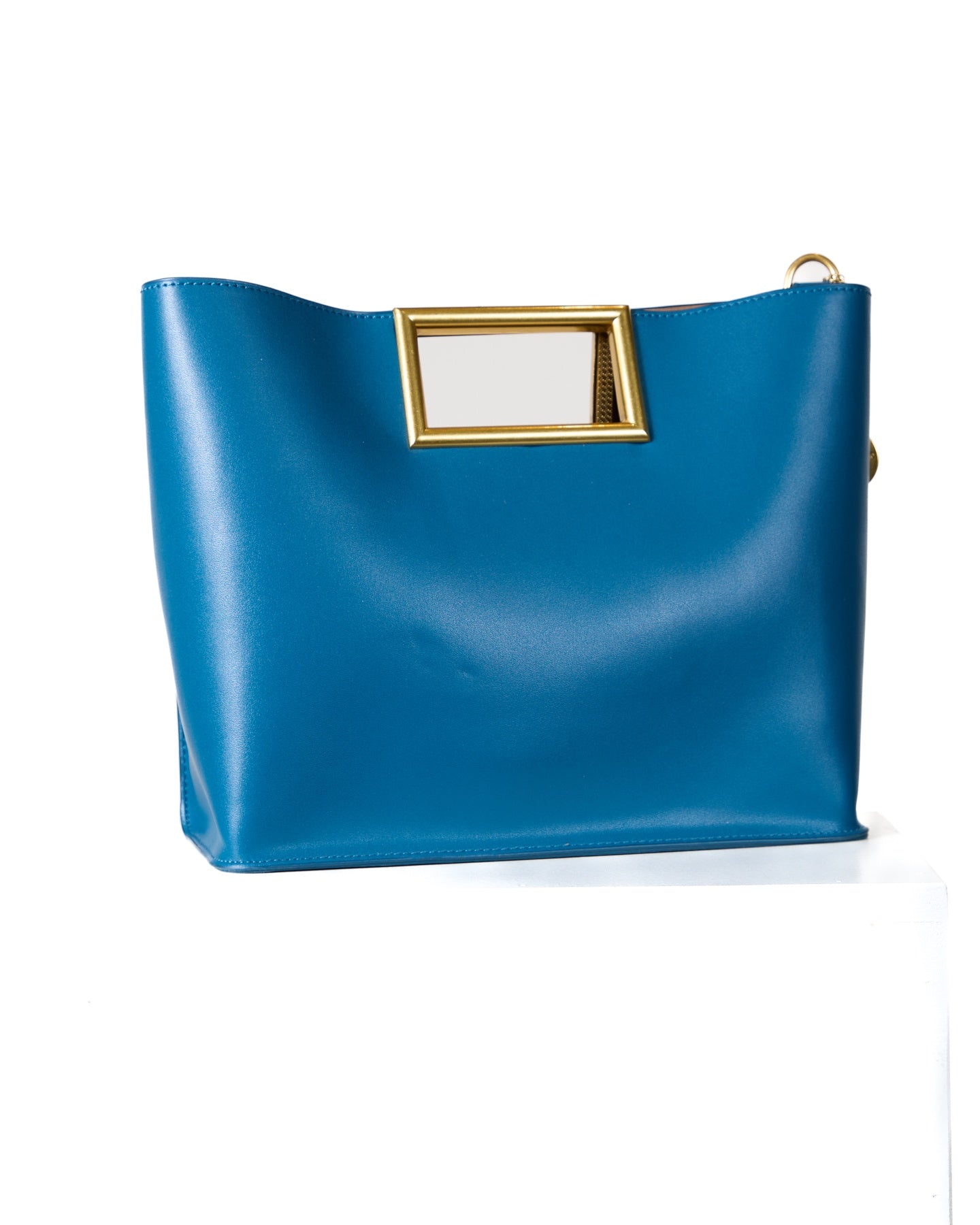 Blue Leather Bag with Gold Handle and Removable Straps