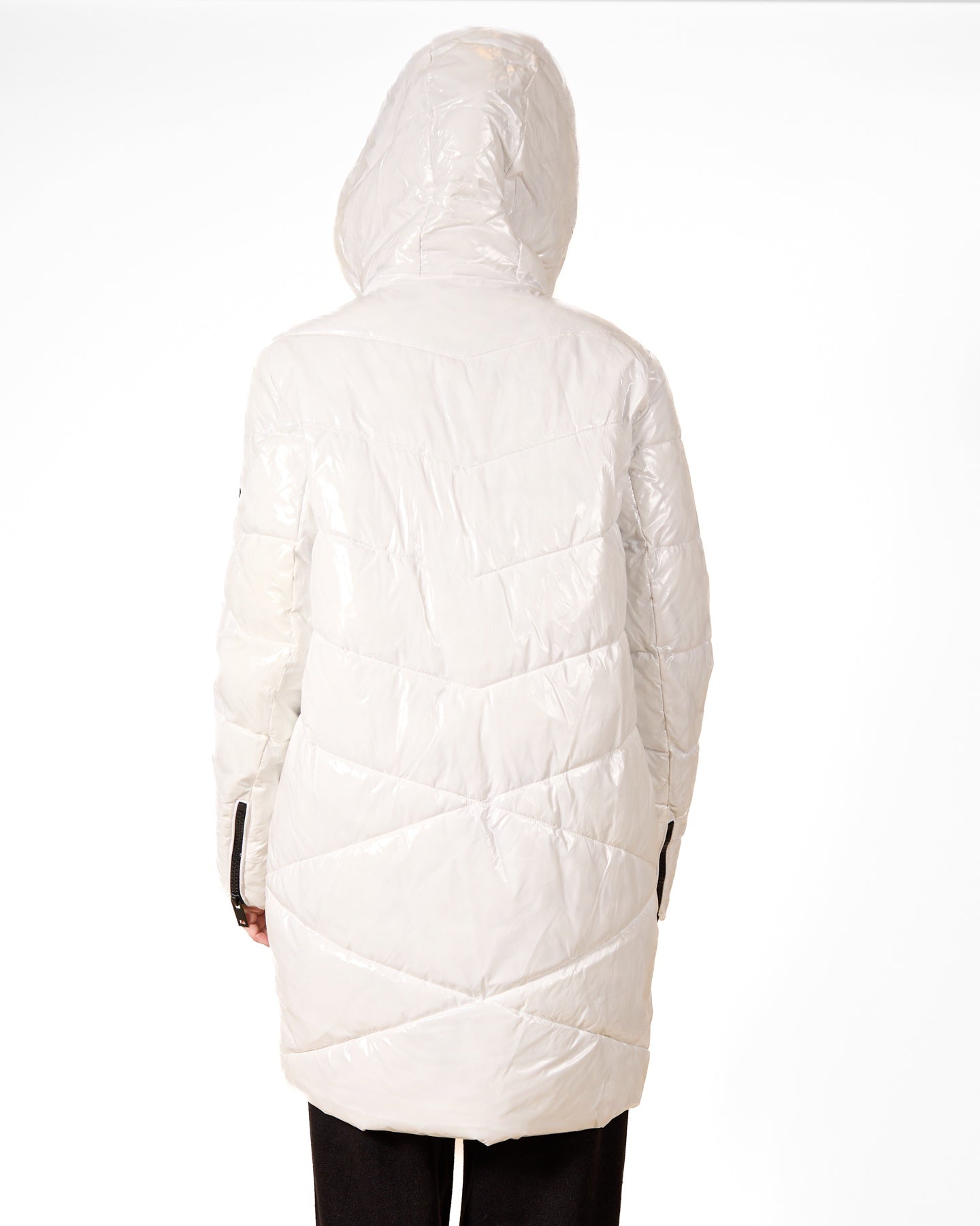 White Ribbon-Accent Long Puffer Jacket