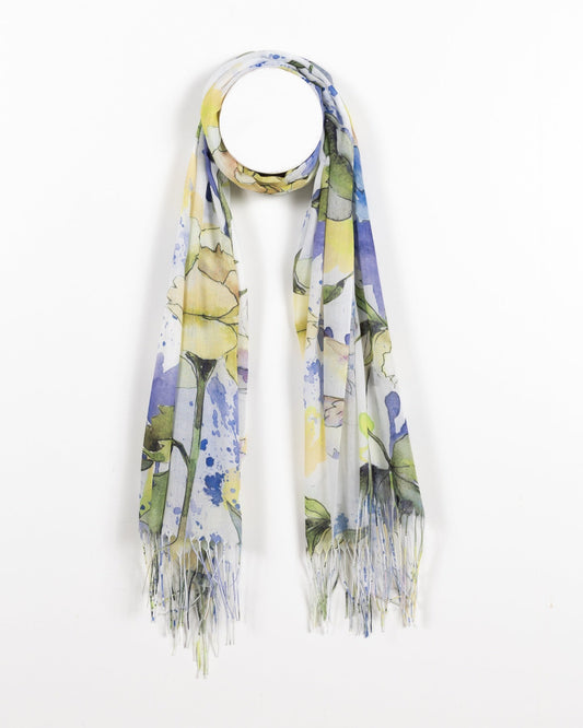 Écharpe semi-transparente à motif floral aquarelle - Tons jaunes et verts