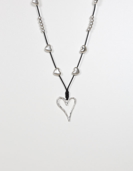 Silver Cord Necklace with Layered Heart and Ball Details