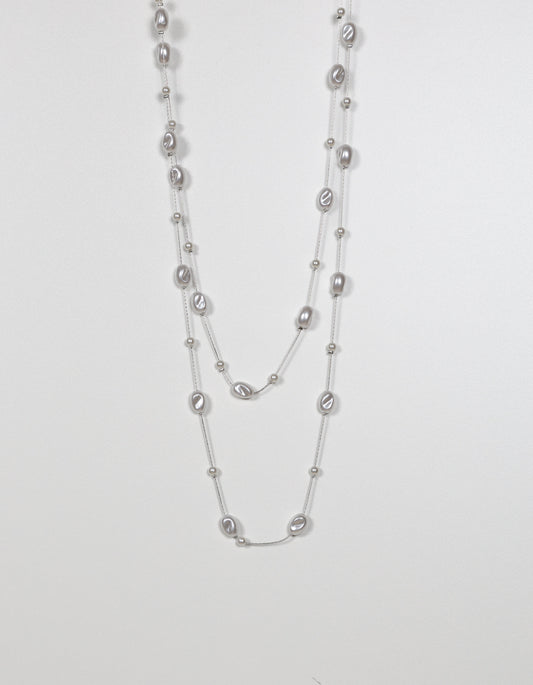 Long Pearl Necklace with Rock-Shaped Accents