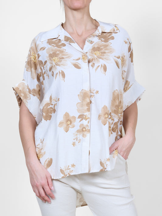 Macchiato Floral Button-Up Top with Cuffed Sleeves