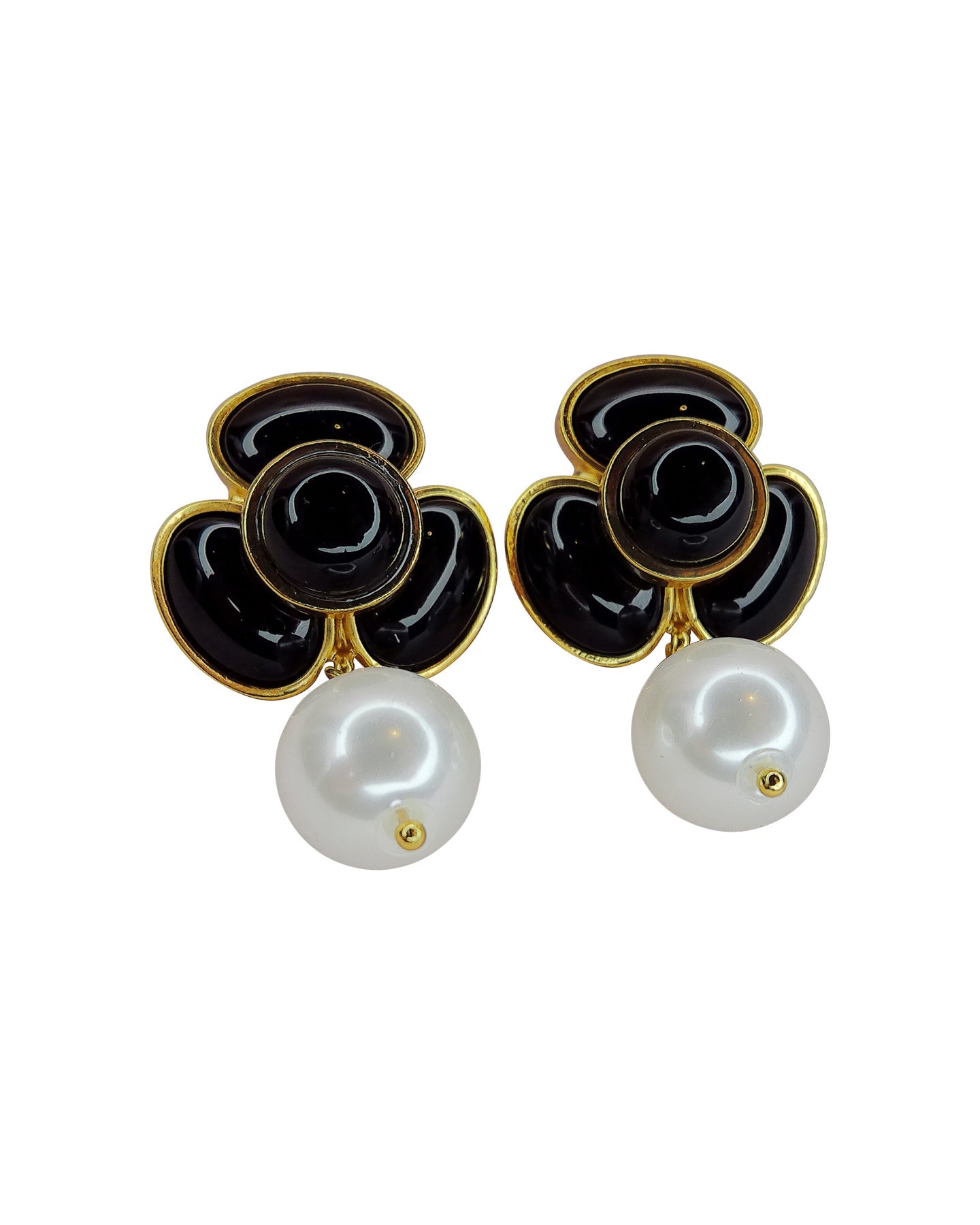 Black Flower Pearl Drop Earrings