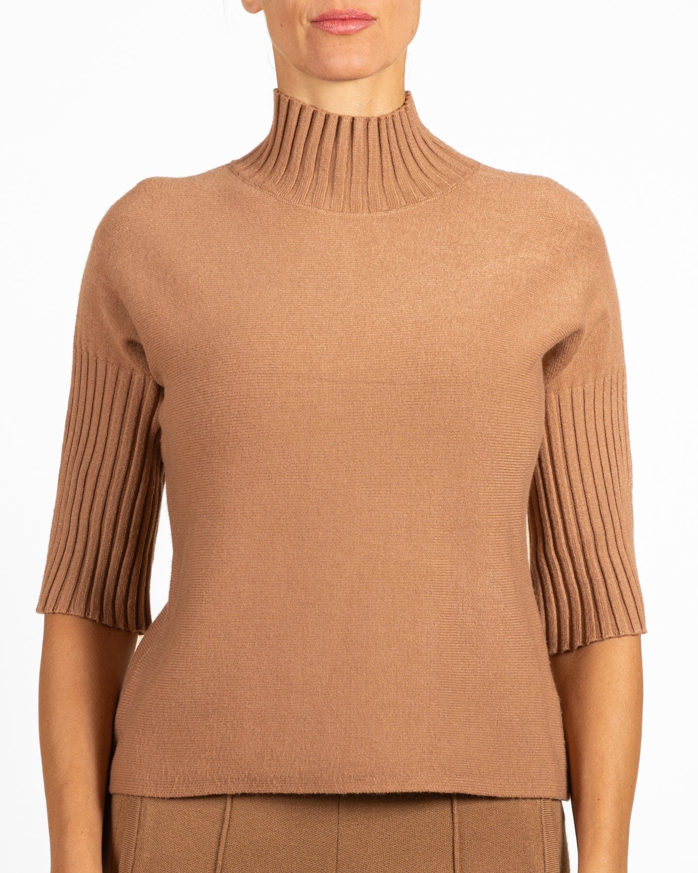 Camel Mock Neck Elbow Sleeve Pullover