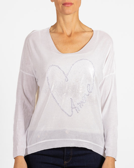 Ivory Boat Neck Heart Signature Pullover