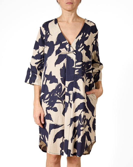 Midnight V Front Roll Up Sleeve Floral Dress