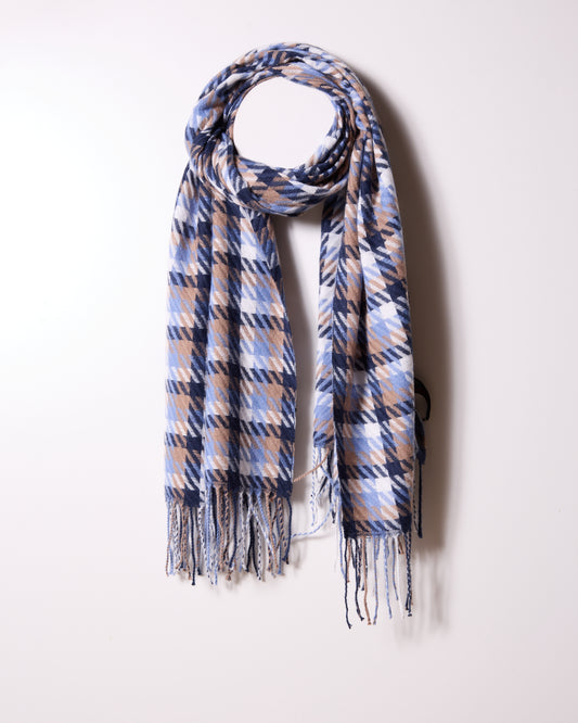Blue Combo Houndstooth Fringe Scarf