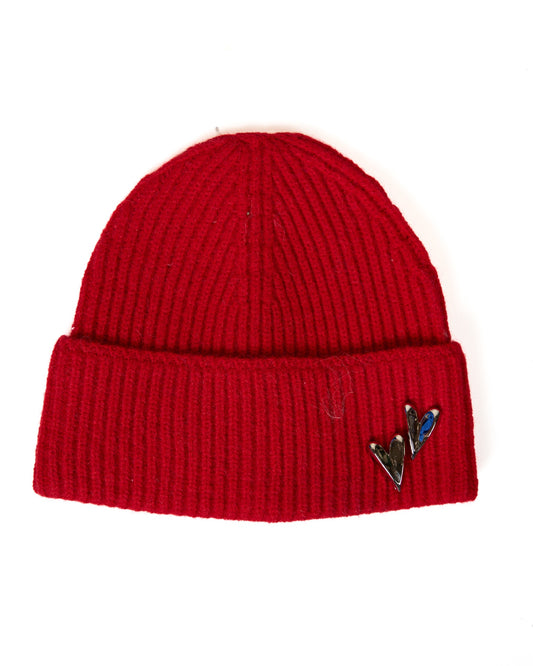 Red Knit Beanie with Double Silver Heart Detail