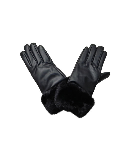 Black Faux Leather Gloves with Faux Fur Trim